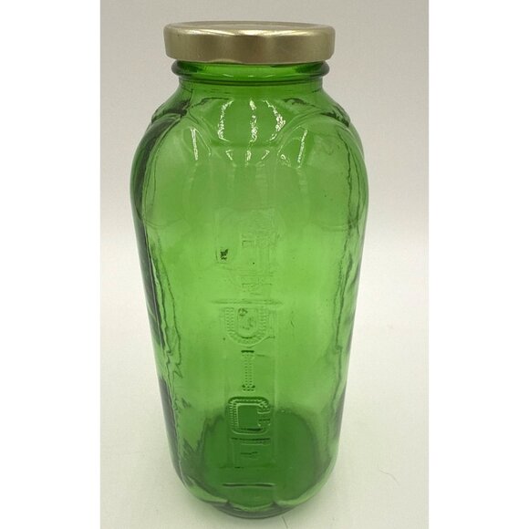 Vintage Embossed Green Glass Refrigerator Water Bottle Gold Metal Lid 32 Oz Lid - Picture 1 of 11